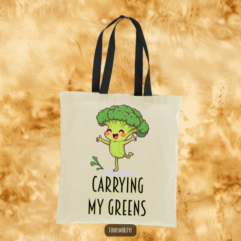 Funny tote bag with a joyful broccoli character hilariously attempting a cartwheel, perfect for carrying daily items with humorous determination.