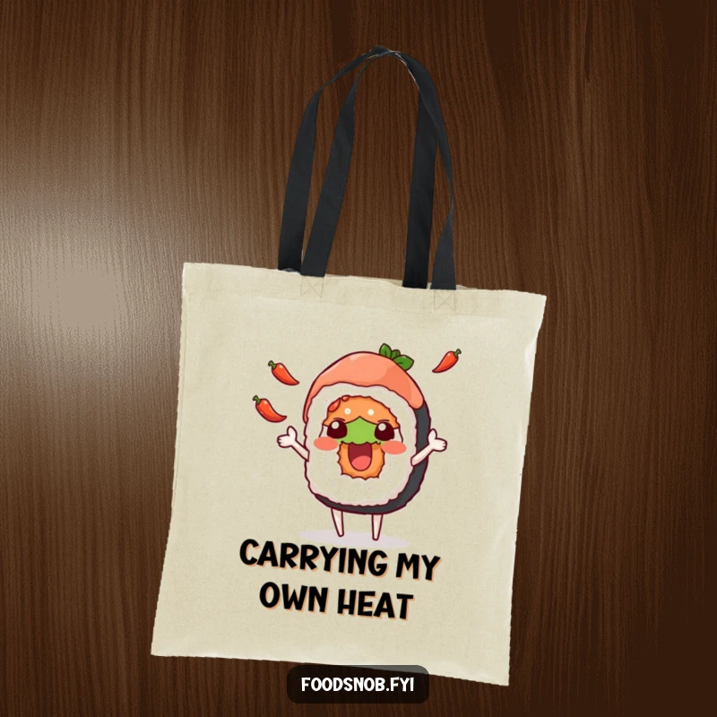 Funny tote bag featuring a happy sushi roll character juggling tiny chili peppers, perfect for stylish and humorous everyday use.