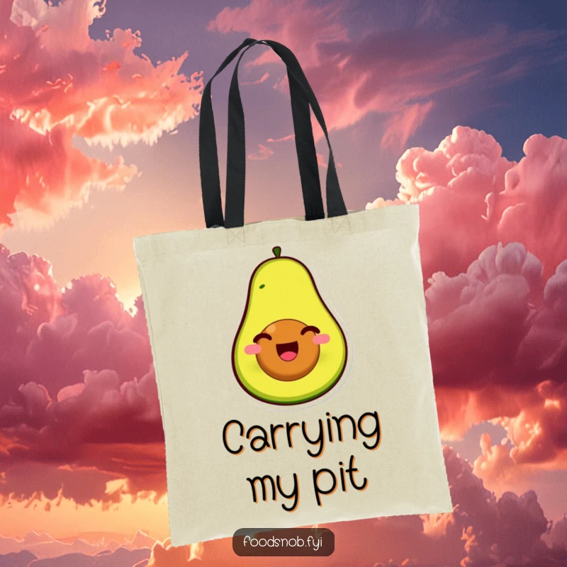 Funny tote bag showcasing a smiling avocado character, pit as face, splitting open with pure, contagious glee.