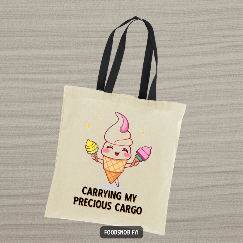 Funny giggling ice cream cone character juggling three treats on this humorous and practical tote bag for dessert lovers.