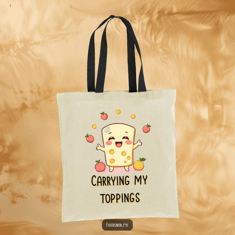Funny tote bag, a bubbly cheese character giggling while juggling tiny fruits, perfect for groceries.