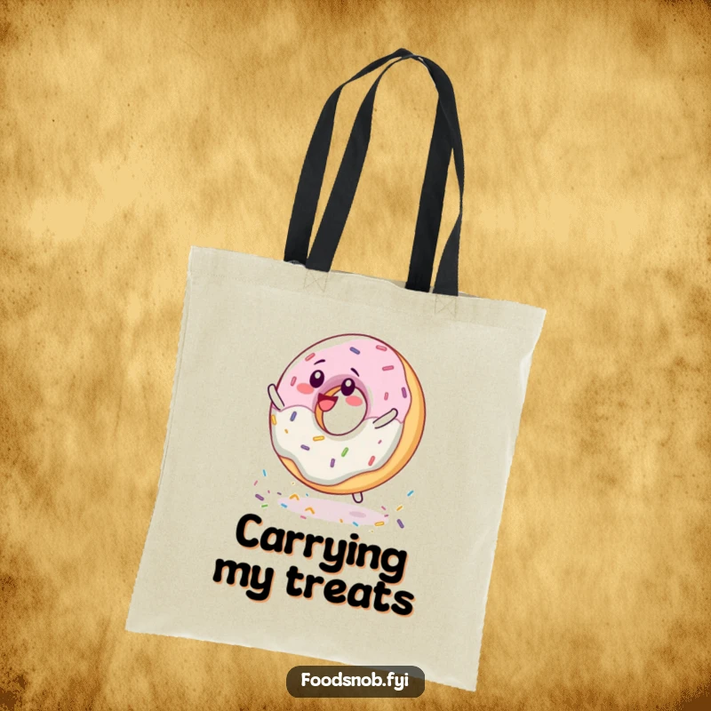 Funny delighted donut character spinning on sprinkles, showcased on a stylish and functional tote bag.