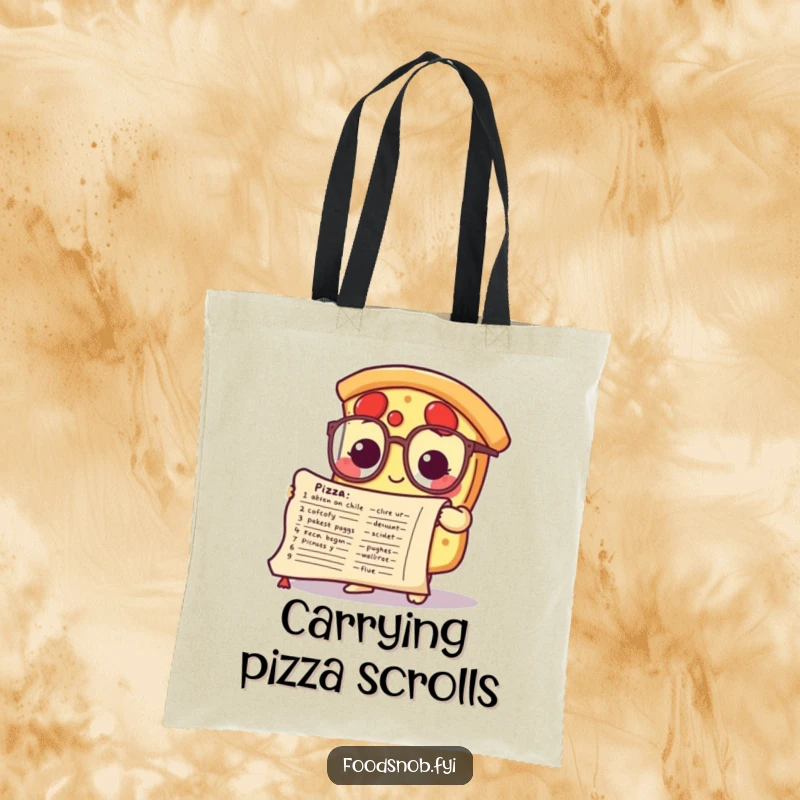 Funny tote bag with a cute pizza slice character in tiny glasses studying a recipe scroll, perfect for smart carrying.