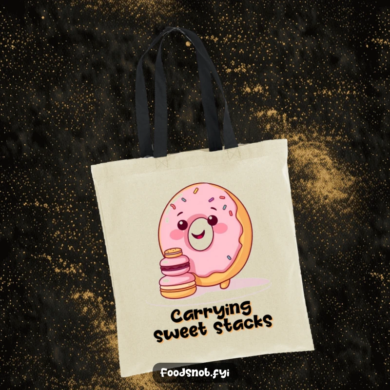Funny tote bag with a smiling donut character with sprinkles trying to stack tiny macarons, perfect for carrying sweet dreams.
