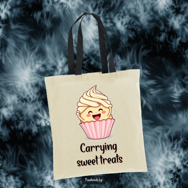 Funny tote bag showcasing a smiling cupcake character frosting a larger cupcake, ideal for carrying baking supplies or daily essentials with charm.