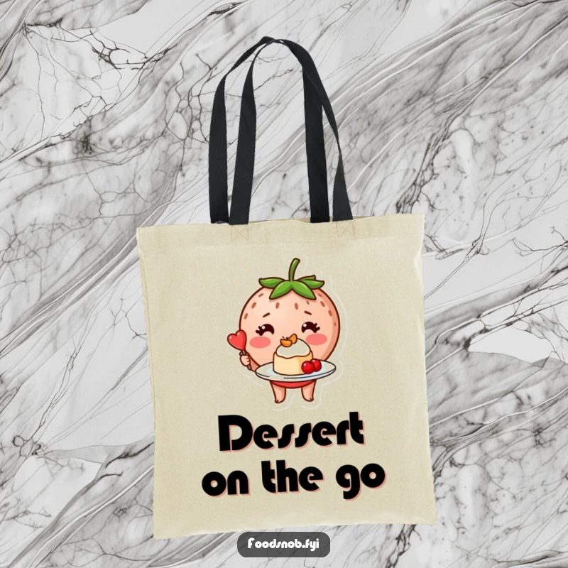 Funny blushing strawberry character proudly holding a tiny, perfectly plated dessert on a cute tote bag.