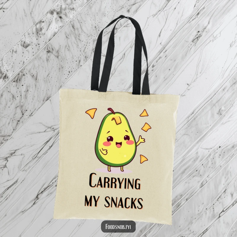 Funny Avocado Tote Bag: A cheeky avocado happily juggles small tortilla chips, perfect for carrying your goodies with flair.