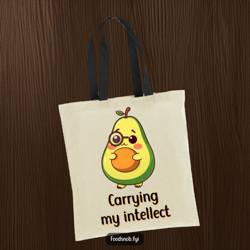 Funny tote bag, a plump avocado character with a tiny monocle, looking very thoughtful, ideal for daily use.