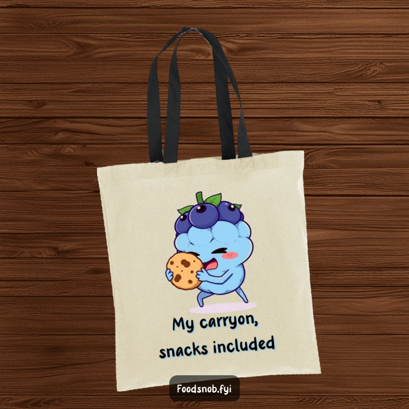 Funny tote bag with a blueberry character sneaking a cookie, great for a humorous and practical present.