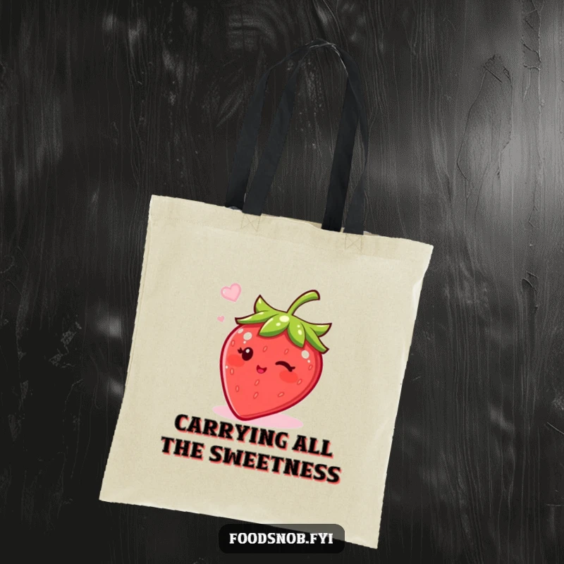 Funny tote bag with a bubbly strawberry character winking and a sprinkle of sugar, a practical and humorous accessory.