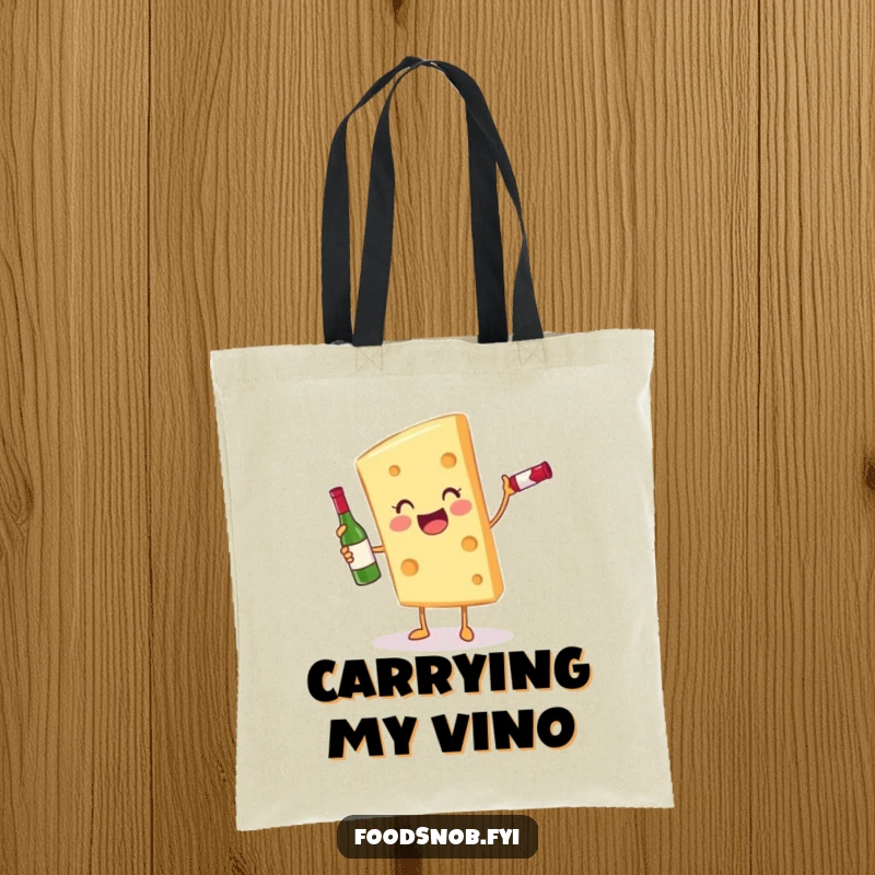 Funny gleeful cheese slice character holding a miniature wine bottle on an eco-friendly tote bag, ideal for groceries.