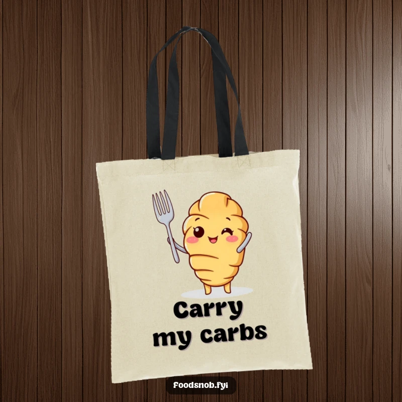 Funny Tote Bag featuring a croissant character holding a tiny fork in a triumphant pose. Ideal for bakers.