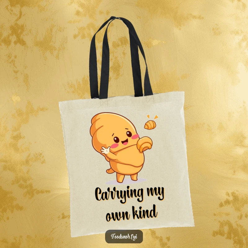 Funny tote bag depicting a cute, smiling croissant character dramatically gesturing at a tiny, golden croissant, perfect for carrying groceries with humor.