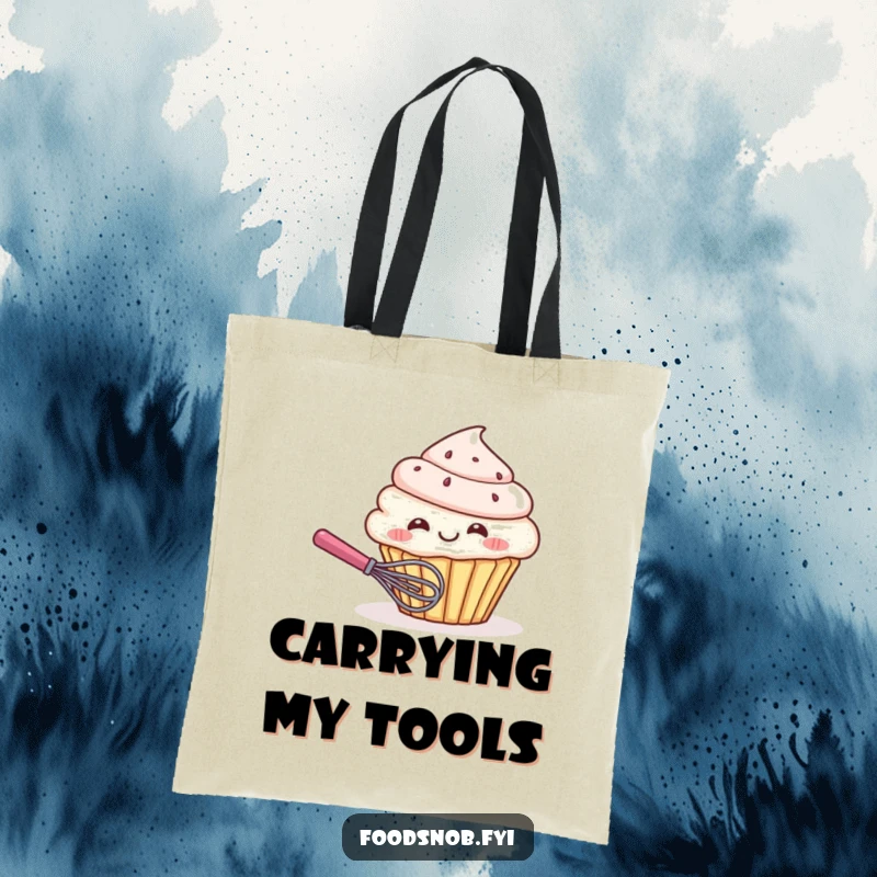 Funny tote bag with a giggling cupcake character playfully peeking from behind a tiny whisk, perfect for carrying daily items with humorous sweetness.