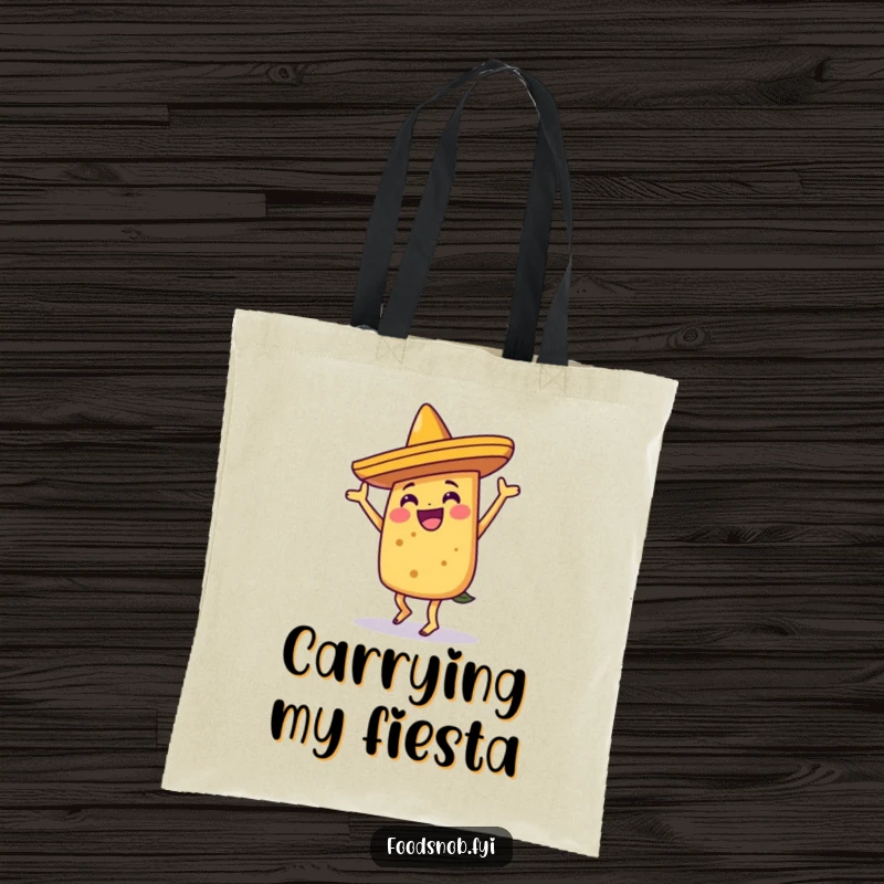 Funny joyful taco character dancing in a sombrero on this humorous and practical tote bag for food lovers.