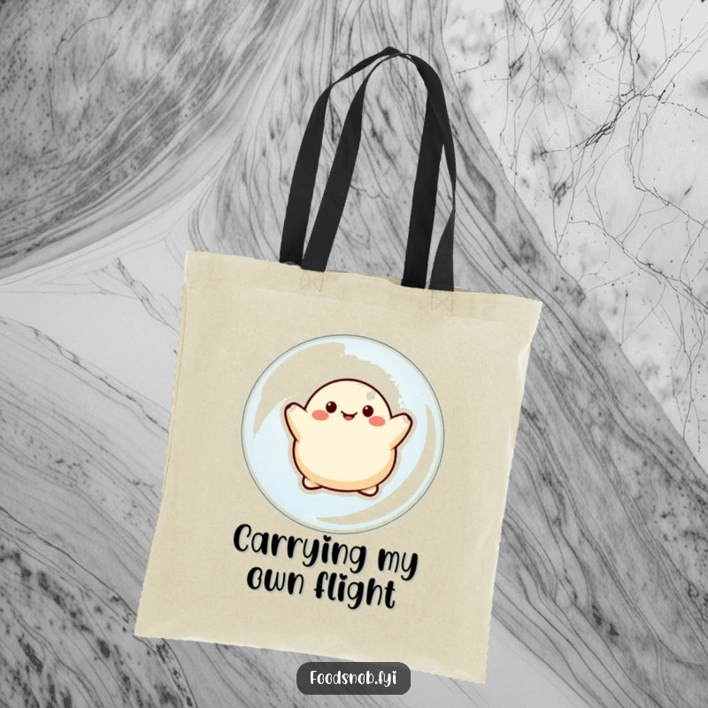 Funny tote bag showcasing a happy dumpling character floating joyfully on a big bubble, perfect for carrying daily essentials with a smile.