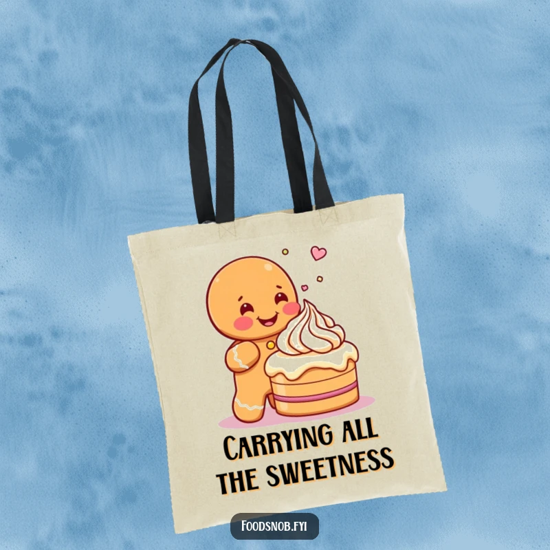 Funny tote bag displaying a gleeful gingerbread man character sprinkling icing onto a miniature cake, ideal for everyday sweet carry.