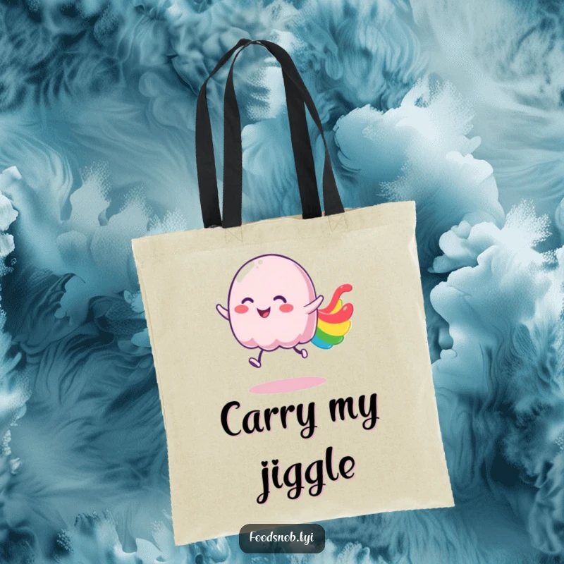 Funny jelly tote bag depicting a wobbly character joyfully bouncing with a vibrant, colorful trail.