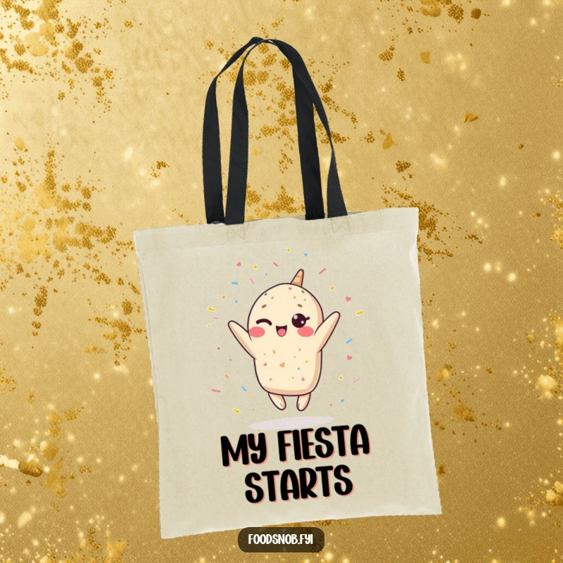 Funny Kawaii burrito tote bag, a winking burrito leaping and showering confetti, perfect for errands with festive flair.