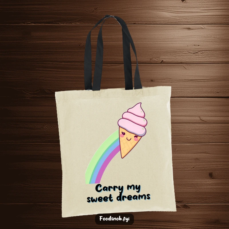 Funny tote bag with a smiling kawaii ice cream cone gleefully sliding down a rainbow, a humorous and functional accessory for daily use.