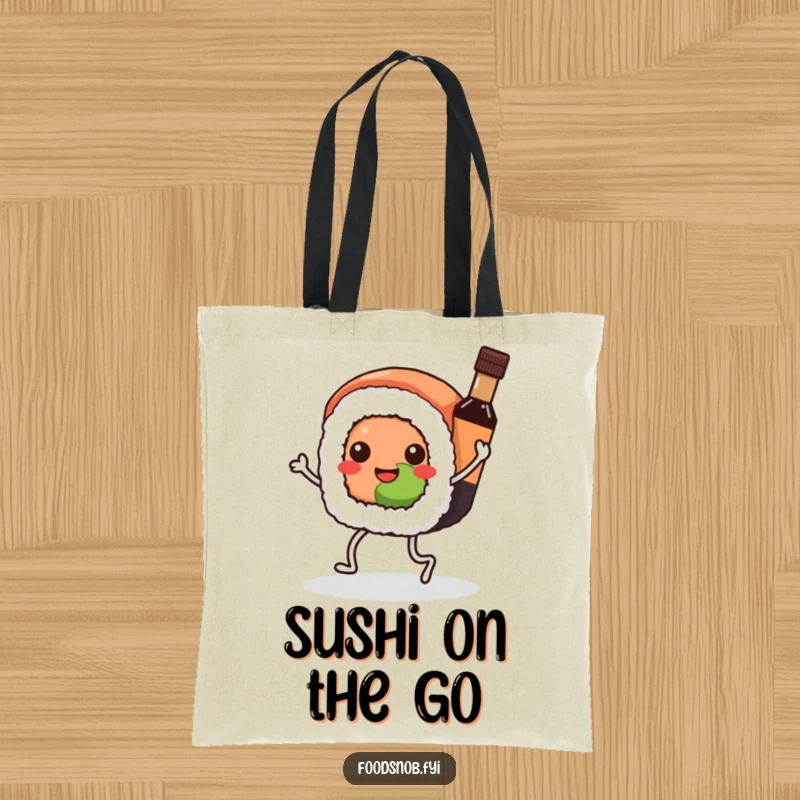 Funny Kawaii sushi tote bag, a sushi roll dancing with a tiny soy sauce bottle, perfect for errands with style.
