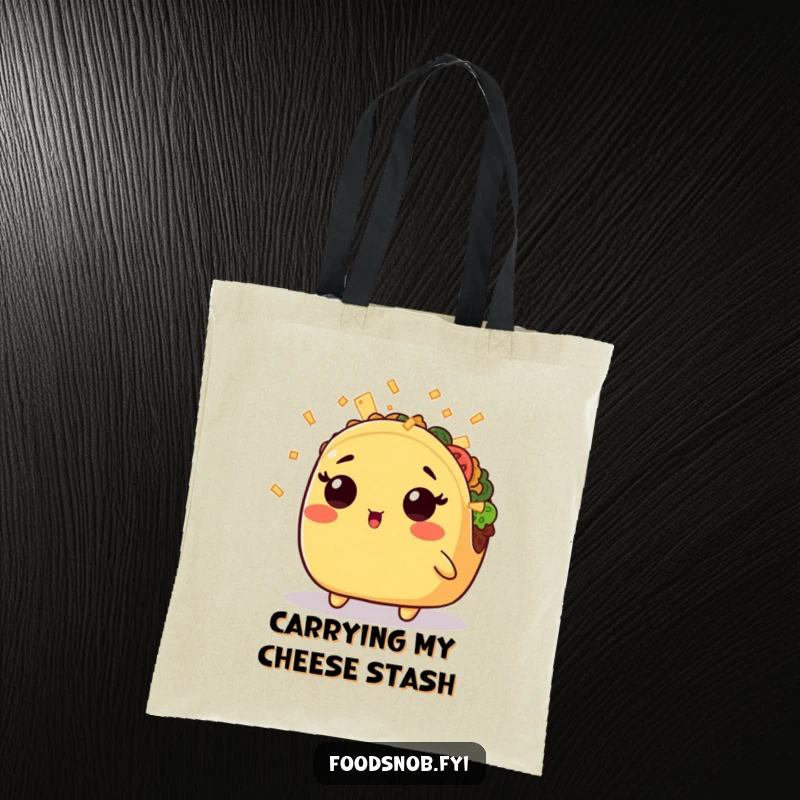 Funny tote bag with a surprised kawaii taco enjoying a gentle shower of cheese shreds, a humorous and functional accessory.