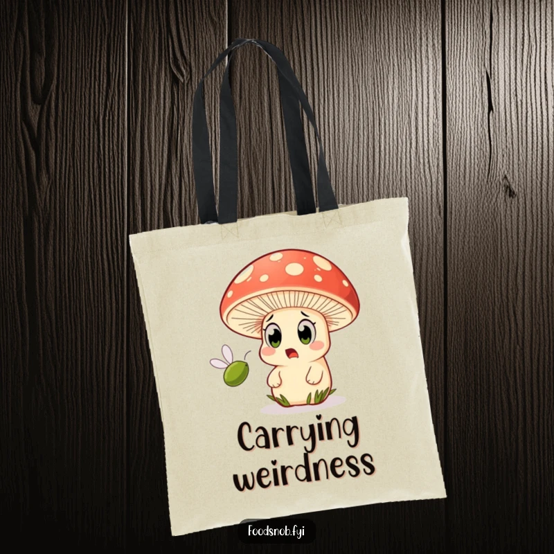 Funny tote bag featuring a surprised mushroom character with big eyes as a small olive flies rapidly by.