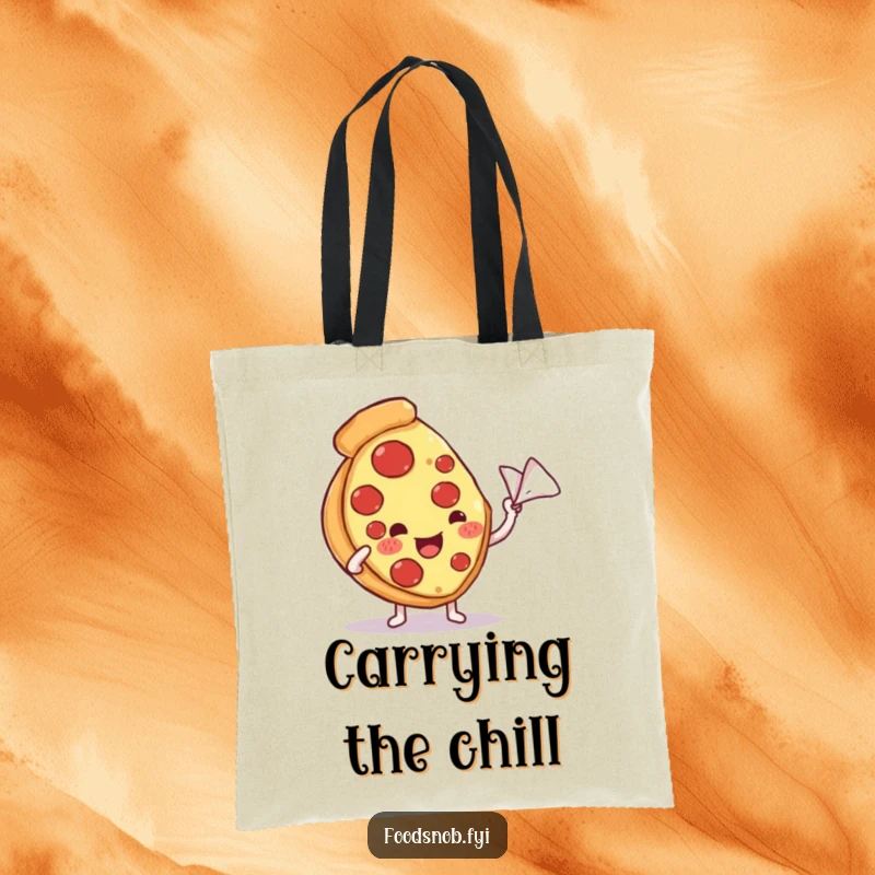 Funny tote bag with a content pizza slice character being fanned by a miniature napkin, perfect for carrying essentials with humorous coolness.