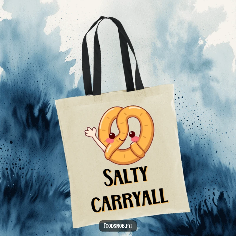 Funny pretzel tote bag displaying a cute pretzel character waving hello with its loop, blending practicality with pop humor.
