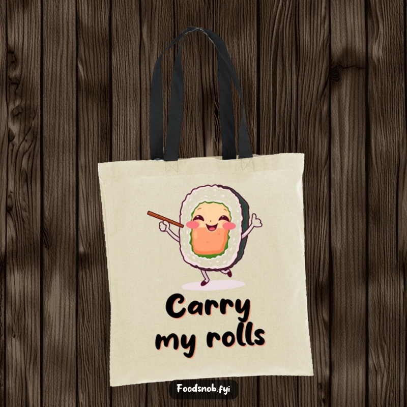 Funny Tote Bag featuring a happy sushi roll character dancing with chopsticks. Ideal for carrying groceries and snacks.