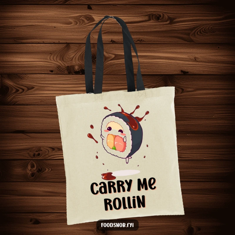 Funny Sushi Roll Tote Bag: A dynamic sushi roll mid-cartwheel, soy sauce exploding, showcasing a humorous and practical carrying accessory.
