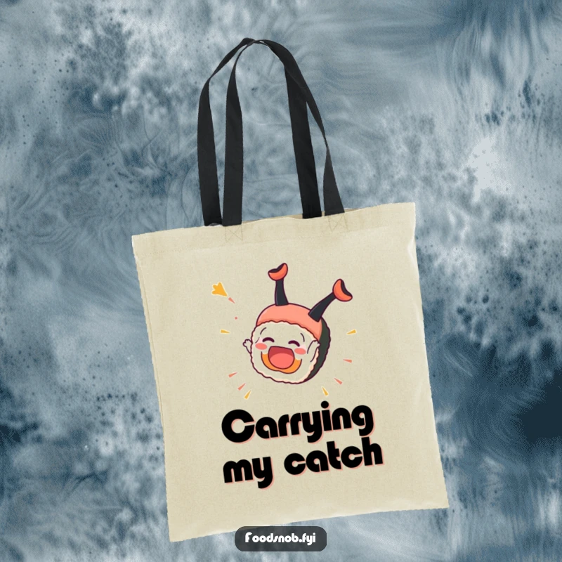 Funny Sushi Tote Bag: An overjoyed sushi piece performs a celebratory somersault, perfect for carrying your goodies with flair.