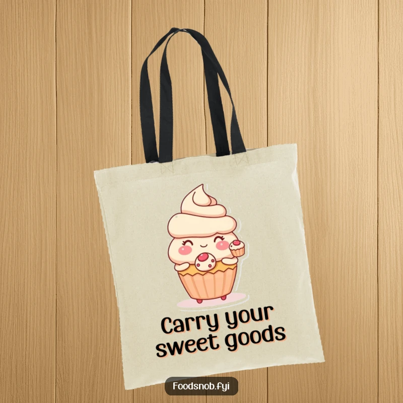 Funny tote bag with a blushing cupcake character offering a perfect tiny pastry, ideal for carrying kindness and humor.