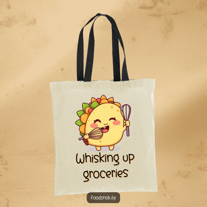 Funny tote bag, a smiling taco character winking while holding a tiny whisk, perfect for grocery shopping.