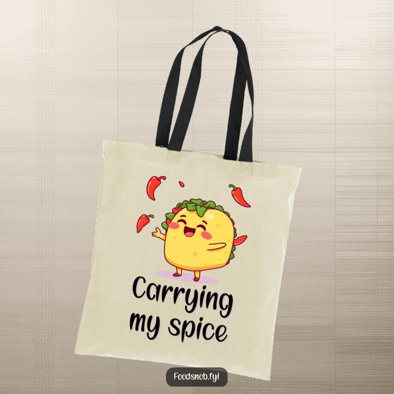 Funny tote bag featuring a jubilant taco character juggling a pile of hot chili peppers, great for shopping.