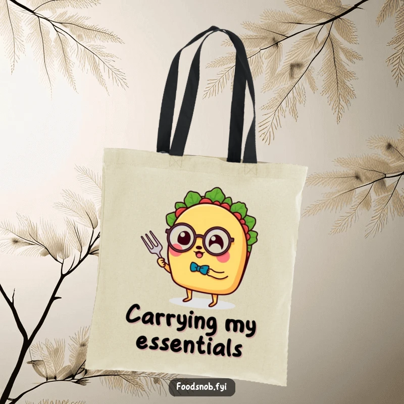 Funny Tote Bag: A taco with tiny legs, monocle, and fork, elegantly carrying items, ideal for a funny gift.