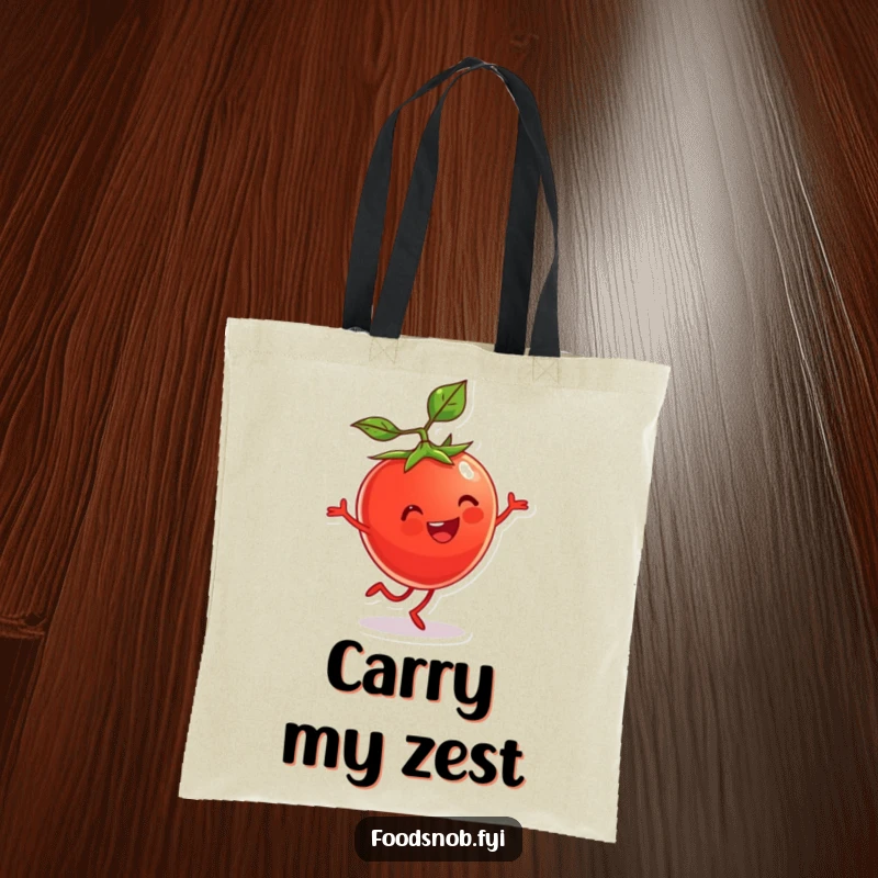 Funny Tote Bag with a cherry tomato character doing a cartwheel. Perfect for groceries and adventures.