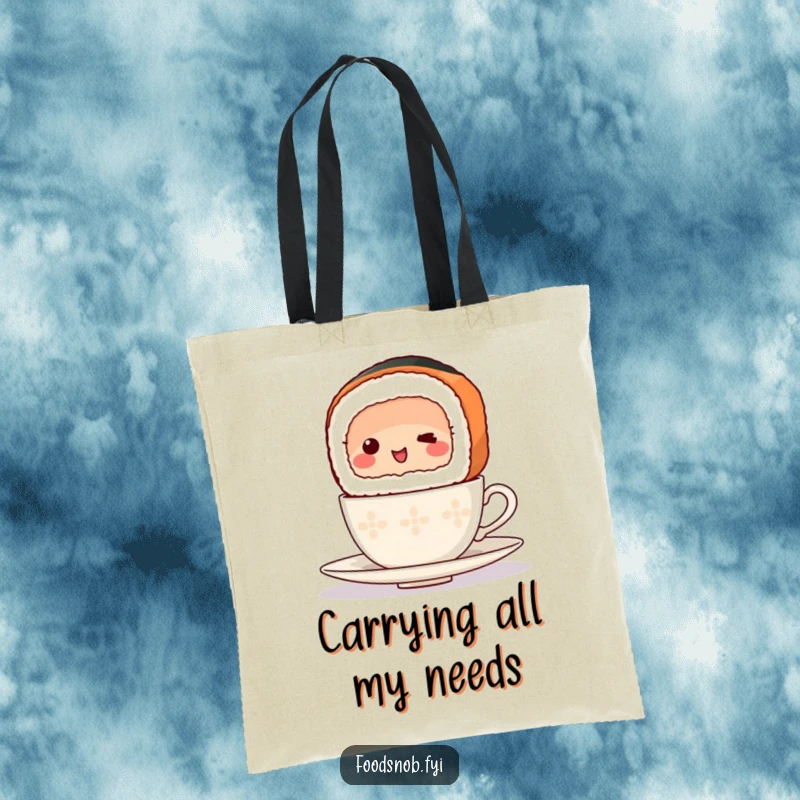 Funny Tote Bag showcasing a happy sushi slice attempting to balance a miniature teacup, designed for stylish and humorous everyday use.