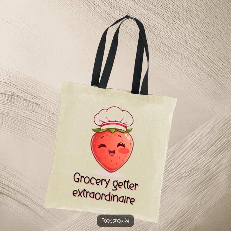 Funny Tote Bag showcasing a cheerful strawberry character winking and wearing a miniature chef hat, perfect for stylish grocery runs.