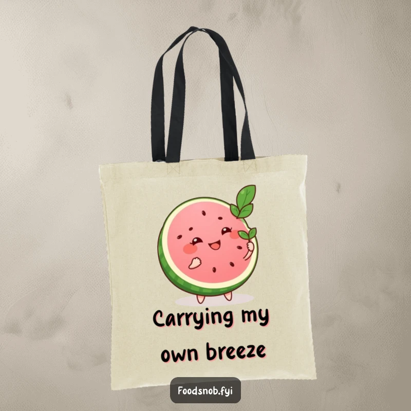 Funny tote bag showcasing a smiling watermelon slice character using a tiny leaf to fan itself, ideal for stylish, humorous errands.