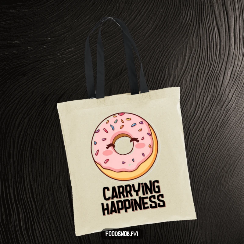 Funny tote bag with a happy donut adorned with sprinkles, winking cheekily, perfect for carrying daily items with a humorous and sweet touch.