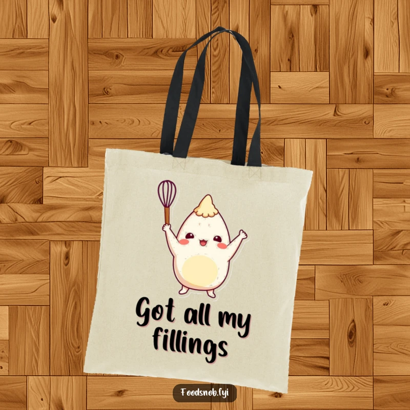 Funny burrito tote bag featuring a cheerful character triumphantly raising a tiny whisk, a stylish and humorous accessory.