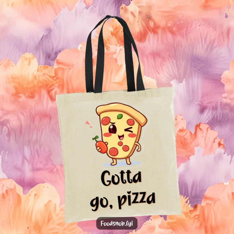 Funny tote bag with a mischievous pizza slice character winking while holding a small pepperoncini, for carrying items.