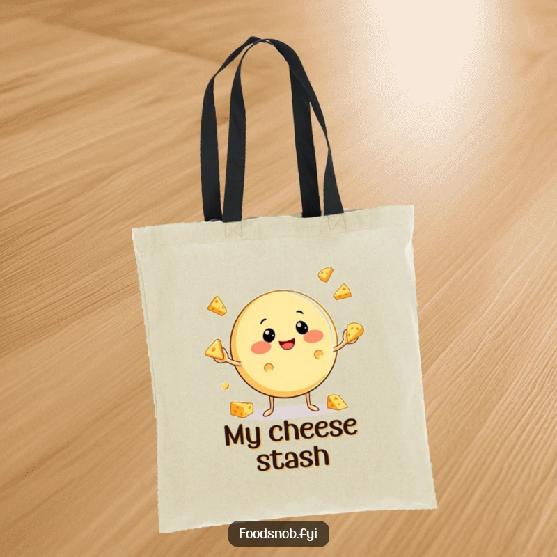 Funny Cheese Tote Bag: A large tote featuring a laughing cheese character juggling mini cheese wedges, adding humor to errands.