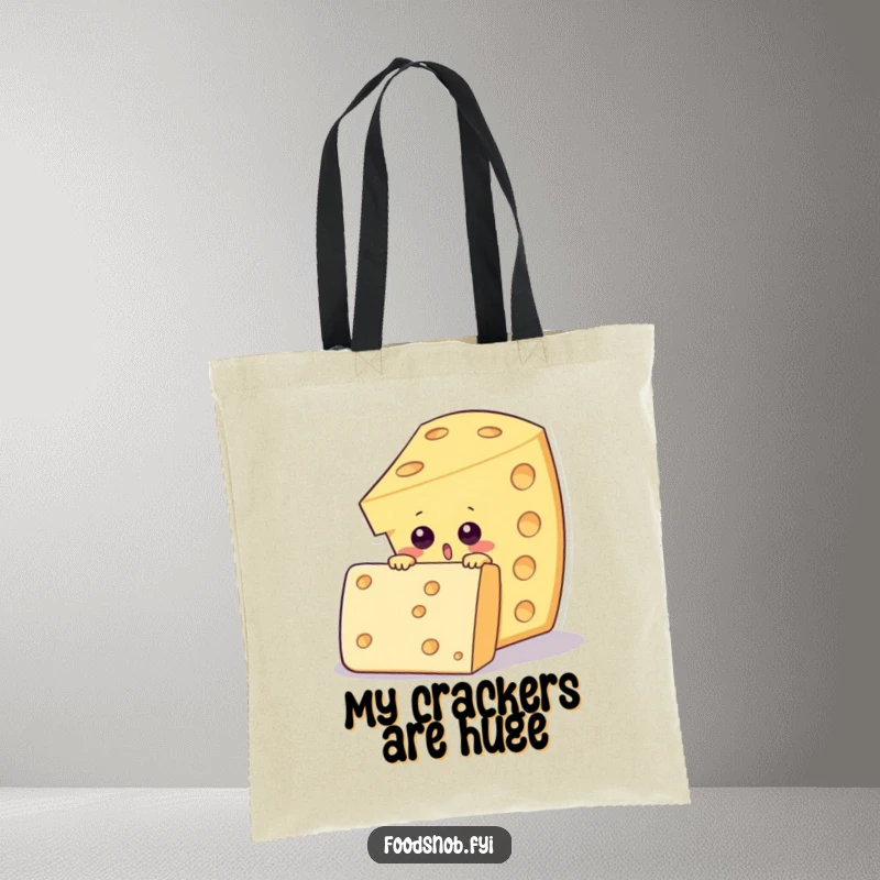Funny tote bag showing a surprised cheese wedge character looking over a large fancy cracker, ideal for carrying snacks with humor.