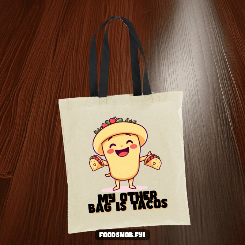 Funny tote bag featuring a cheerful taco character juggling miniature tacos, symbolizing deliciousness and playful food artistry.
